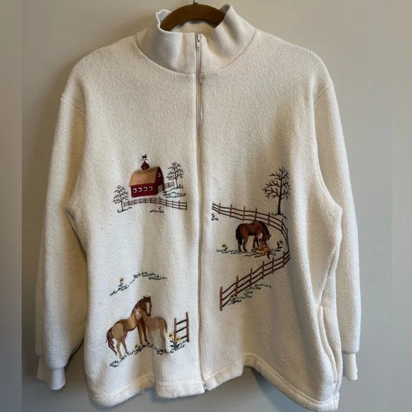 Vintage Bon Worth Women’s Ecru Embroidered Barn & Horse Jacket Size Small Petite - Picture 1 of 6